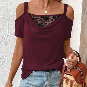 SHEIN Burgundy Cold Shoulder Lace Top